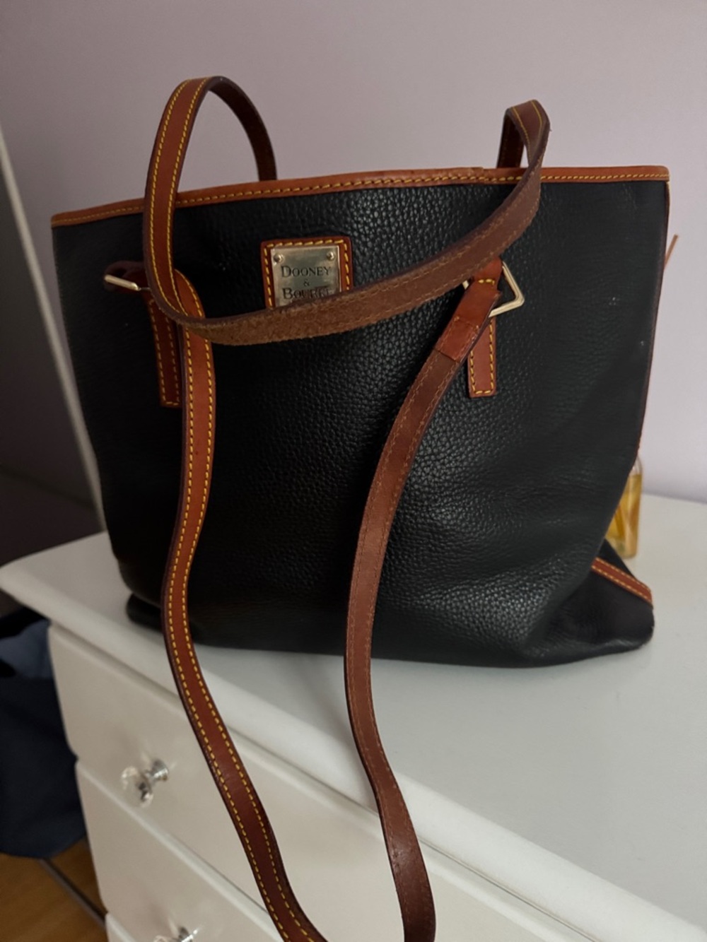 Dooney & Bourke Black Pebbled Leather Tote with Brown Trim